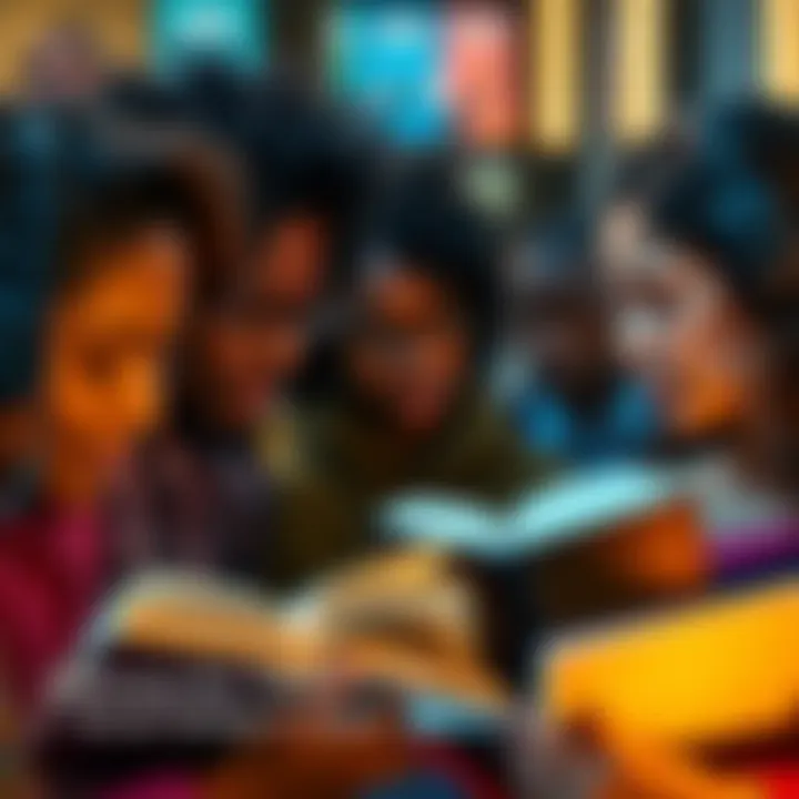 A close-up of a group of diverse readers discussing their thoughts on a book, some looking excited and others thoughtful, representing mixed feelings.
