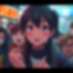 A character, Megumi, with mixed expressions showing love and hate, surrounded by diverse opinions from a crowd.