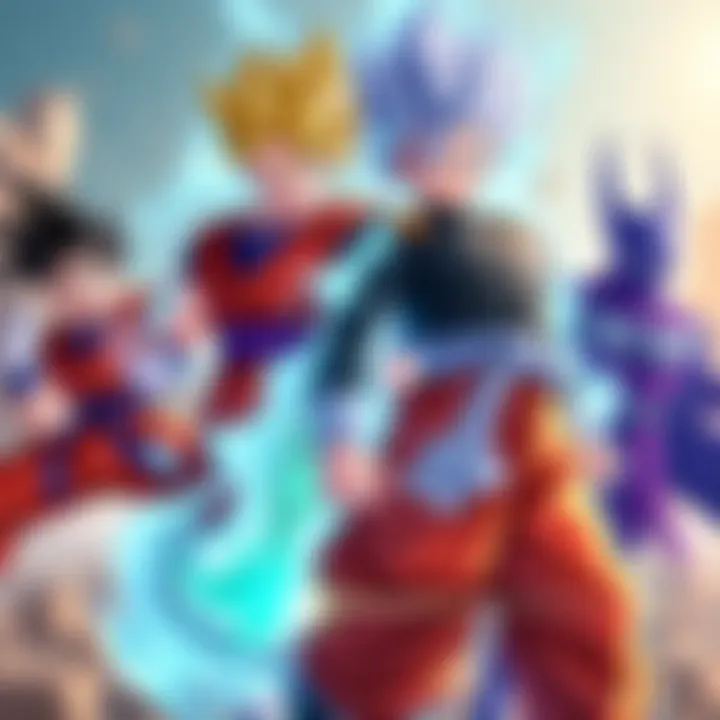 Four characters from Dokkan Battle: SSJ4 Goku, Vegeta, Goku Black, and Zamasu together, showcasing their abilities in a dynamic scene.