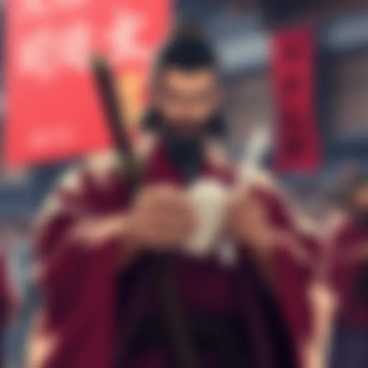 Legendary swordsman Miyamoto Musashi offers a cup of choccy milk, standing in traditional Japanese attire, with a serious expression as he awaits a response.