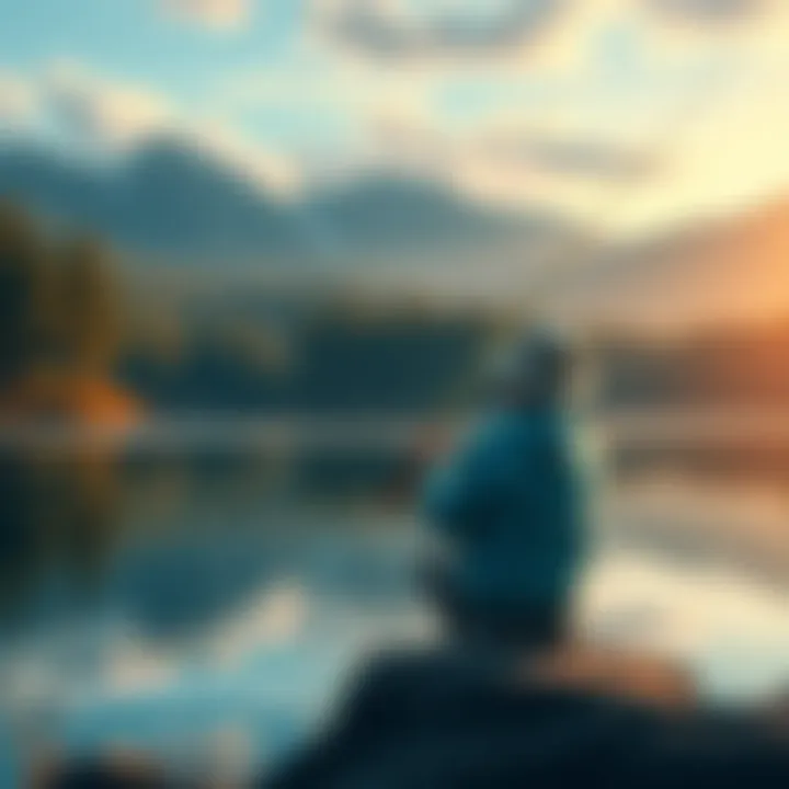 Mizuchi casting a fishing line into a serene lake surrounded by trees