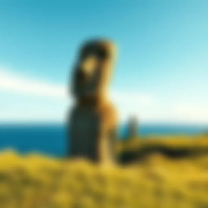 A Moai statue stands tall on a grassy hill, surrounded by blue sky and ocean in the background, showcasing its cultural significance.
