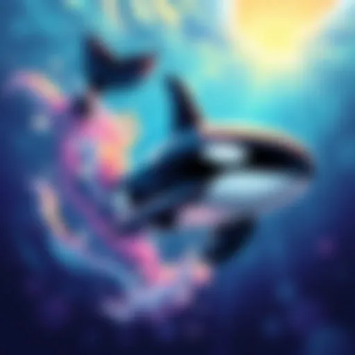 A vibrant artwork depicting Mochily, the orca, swimming gracefully with colorful waves around it.