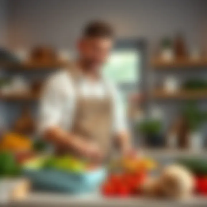 A man in an apron cooking in a bright kitchen, showcasing his skills as a house-husband. He smiles while preparing a meal, surrounded by fresh ingredients.