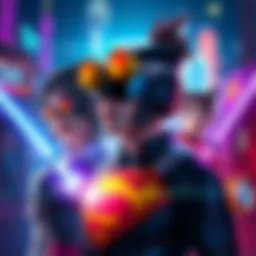 A vibrant and colorful artwork featuring reimagined characters from popular culture in a modern alternate universe style.