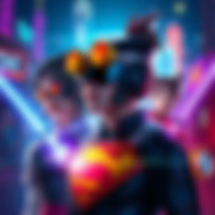 A vibrant and colorful artwork featuring reimagined characters from popular culture in a modern alternate universe style.