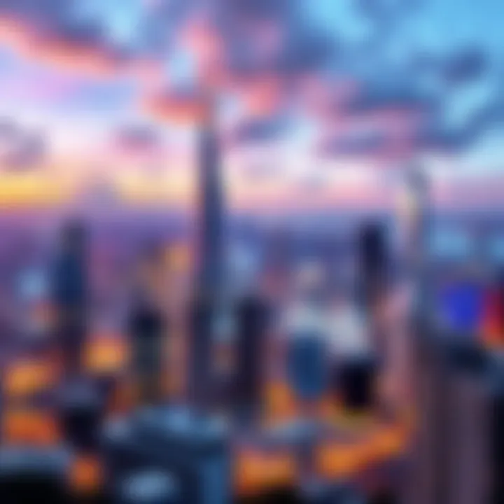 A vibrant skyline of a modern city with diverse architecture, showcasing technological advancements and cultural shifts