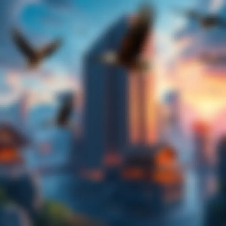 Modern Leaf Village A view of Leaf Village showcasing a blend of skyscrapers alongside traditional wooden buildings with hawks flying above.