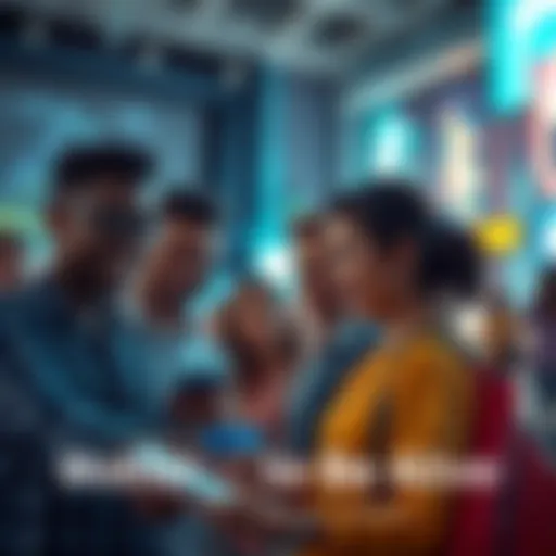 A diverse group of people engaged with technology and each other, showcasing the excitement of contemporary living.