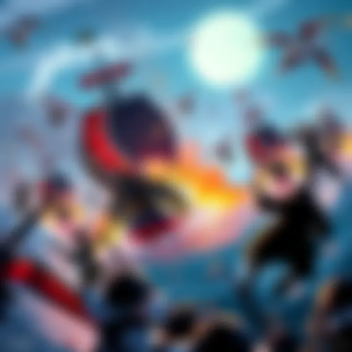 Modern Marineford Battle Scene A vibrant depiction of a Marineford battle with new character designs and intense action, showcasing iconic elements like ships and fighters in conflict.