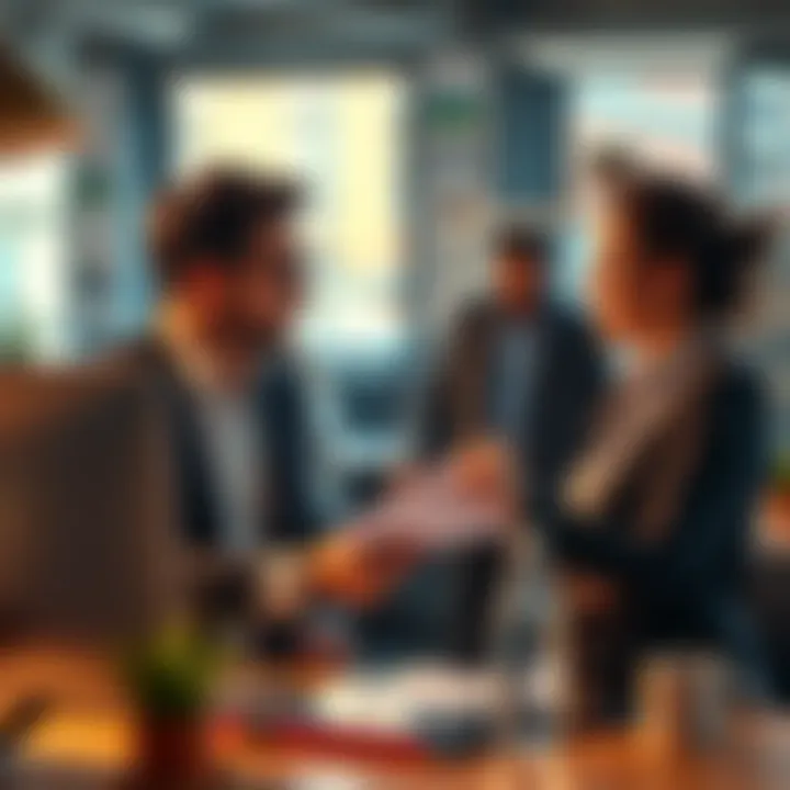 Two professionals collaborating in a creative workspace, discussing ideas and strategies together.