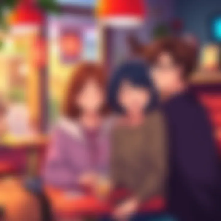 A scene featuring a couple from a modern romantic comedy anime, sharing a laugh in a colorful café setting, surrounded by friends.