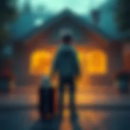 A character from Modulo stands with a suitcase, looking back at a home with children inside, symbolizing his departure and the unanswered questions about his family.