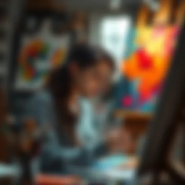 Moira focused on painting a vibrant canvas in her art studio, surrounded by brushes and paint supplies
