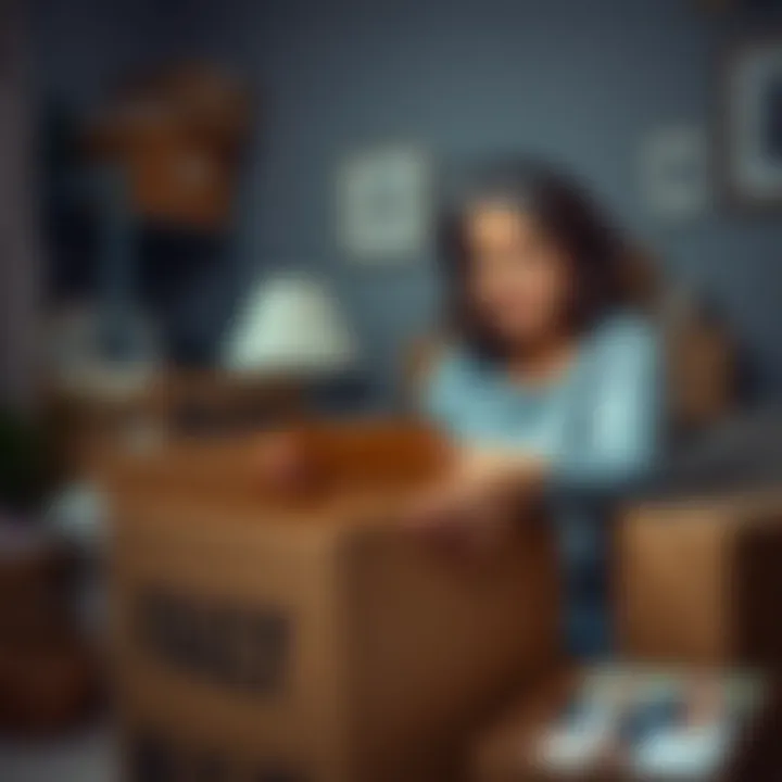 A mother packing boxes in preparation for a move, surrounded by family photos and memorabilia.