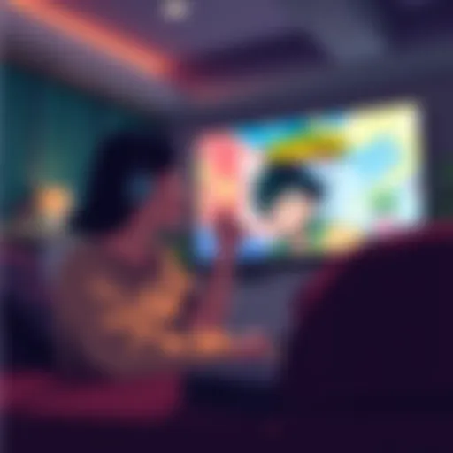 A mother and son excitedly watching an episode of My Hero Academia together, with the character Mineta featured on the screen.
