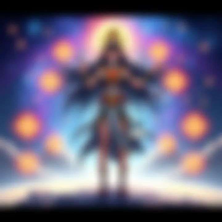 Momo, a character from DanDaDan, surrounded by stars and celestial symbols, highlighting her connection to divine powers