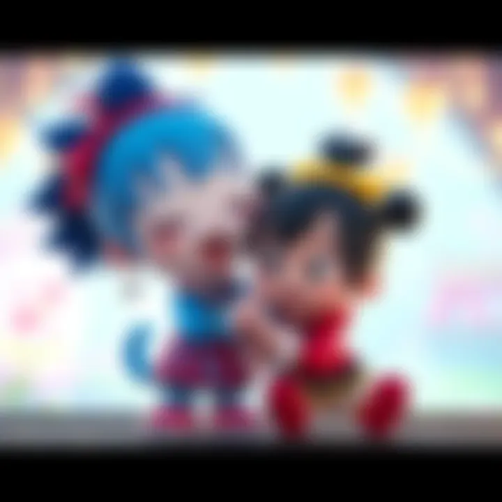 Two animated characters, Momo and Okarun, in a colorful scene showcasing their playful interaction