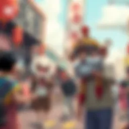 Illustration of Momo as a playful figure and Okarun as a wise character, engaging with people in a vibrant community setting.