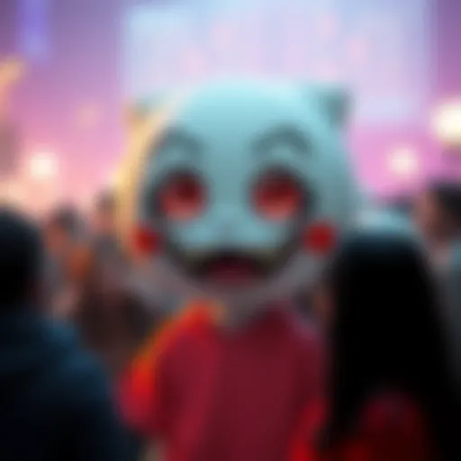 A cartoon representation of Momo, a character with large eyes and an eerie smile, creating a humorous scene with people laughing around it.