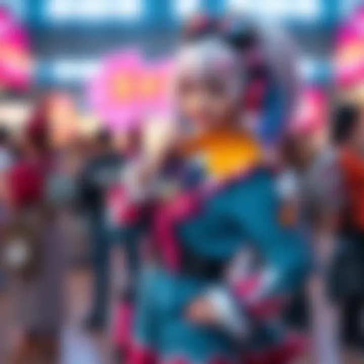 A person dressed in a colorful Momo cosplay costume, showcasing character details and accessories, standing confidently with a playful pose.