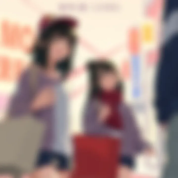 Momo and Jiro in matching outfits, enjoying a shopping trip and smiling, with bags in hand, encountering Deku.