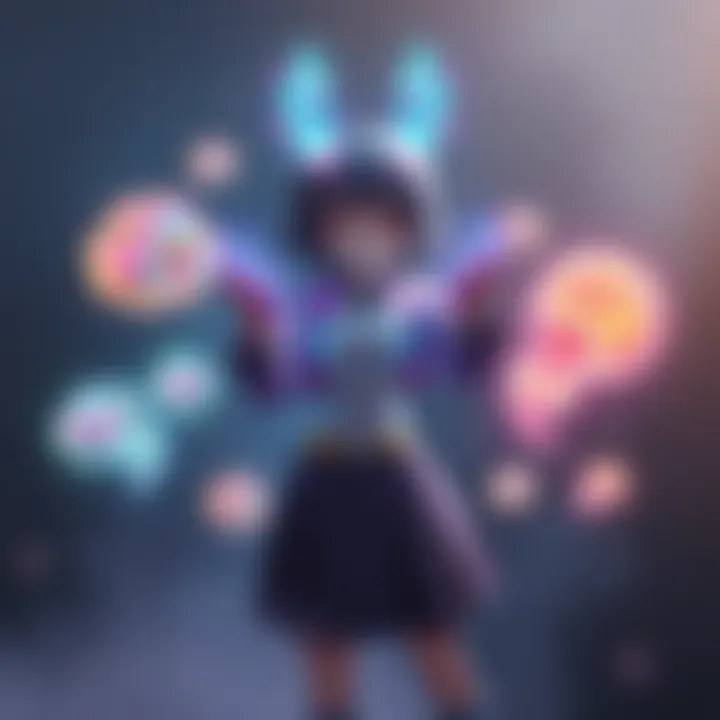 A character named Momo stands with glowing hands, surrounded by colorful images of her thoughts coming to life, illustrating her psychic powers in Dandadan.