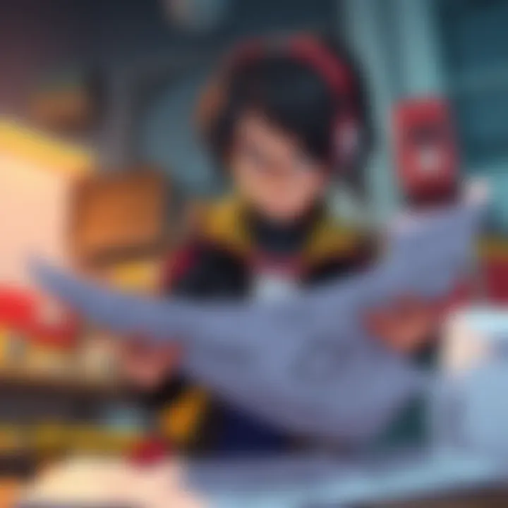 Momo Training with Blueprints Momo from My Hero Academia examines military hardware blueprints, focusing on her quirk training with various tools around her.