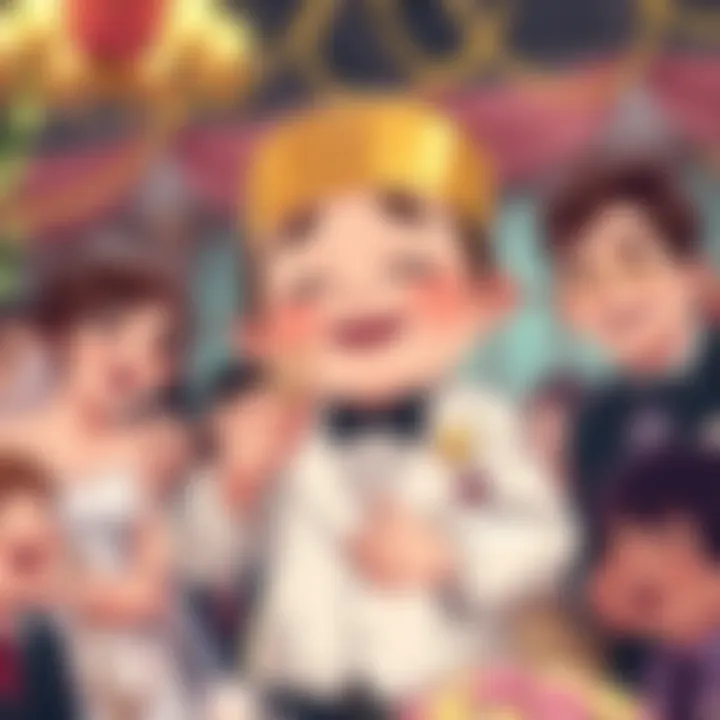 A cartoon-style illustration of Momokarun dressed as a godfather at a wedding, smiling and holding a wedding ring, surrounded by wedding decorations and guests laughing.
