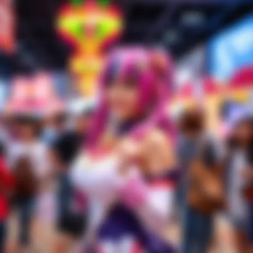 Mona_Flowers showcases her detailed Riza cosplay outfit, smiling and posing at a convention, surrounded by fans, with bright lights and colorful decorations in the background.