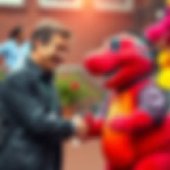 The monarch shakes hands with the voice actor known for Barney the Dinosaur, both smiling warmly at the historic encounter.