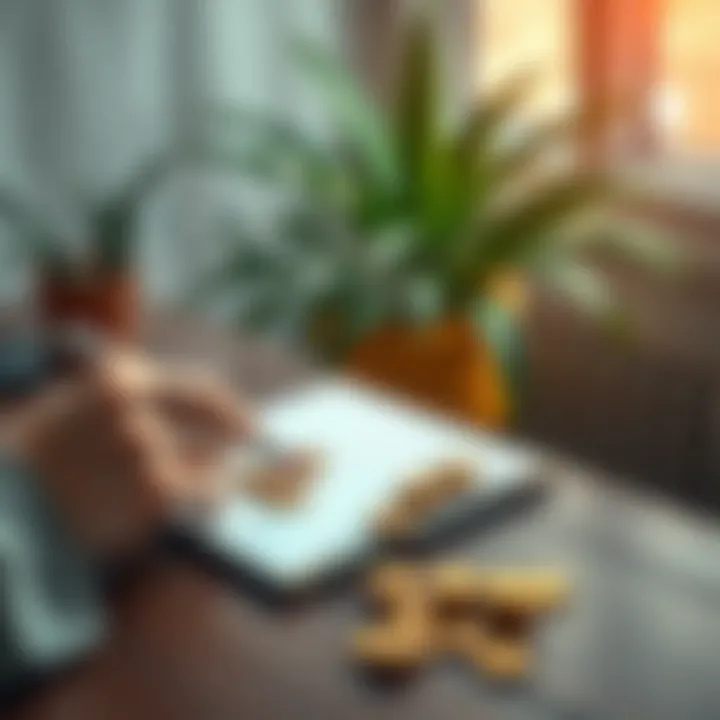 A person brainstorming creative money-saving ideas on a notepad with coins and a plant in the background