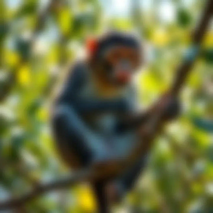 A monkey sitting in a tree, showcasing its playful nature and intelligent behavior.