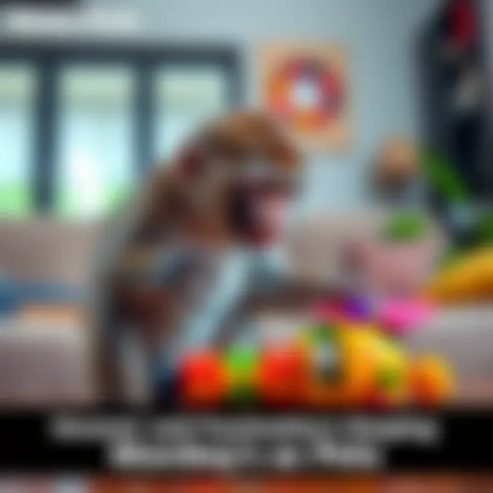 A playful monkey interacting with a colorful toy in a living room setting.