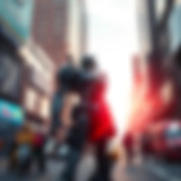 A character in monochrome style, featuring shades of black and white, standing confidently with a futuristic city background, indicating a possible role in an action series.