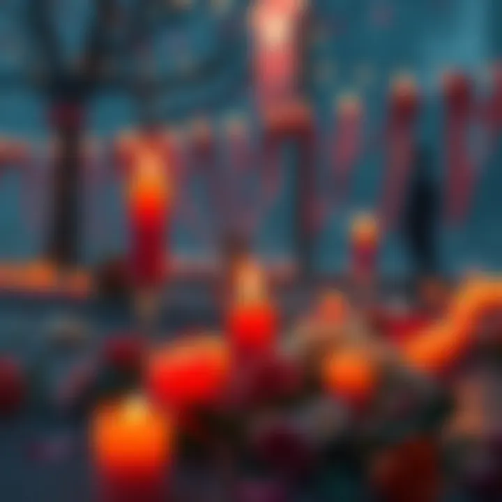 A memorial scene featuring candles and flowers dedicated to Monty Oum, symbolizing his influence on RWBY.