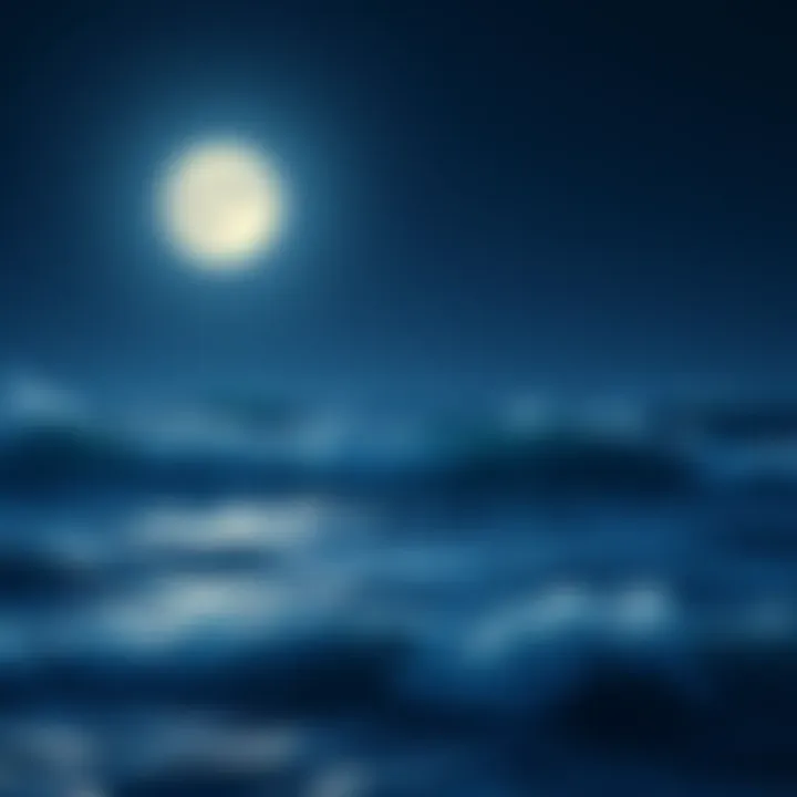 The moon shining brightly in the night sky above ocean waves, illustrating the connection between the moon and ocean tides.
