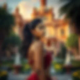 Morena with a royal background Morena stands in front of a Kakin palace, reflecting on her royal connections. The palace features intricate architecture and lush gardens, symbolizing her possible ties to royalty.