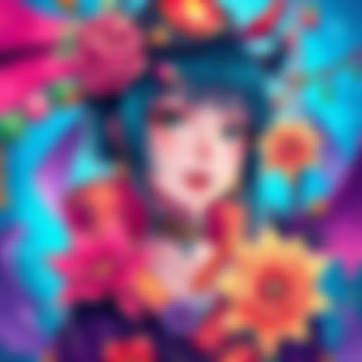 Colorful illustration of Mori Calliope surrounded by vibrant art elements, showcasing her character design and creativity.
