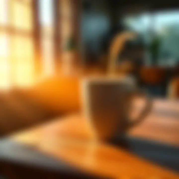 A warm cup of coffee resting on a wooden table with sunlight streaming in, highlighting the steam rising from the cup.