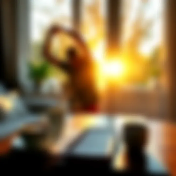A person stretching with sunlight streaming through a window, surrounded by a cup of coffee and a notebook for planning the day.