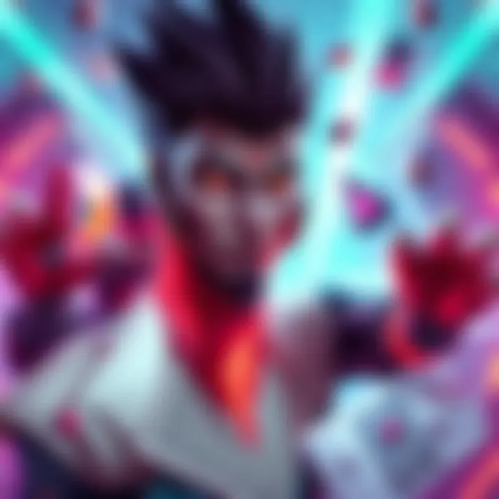 A digital artwork showing Moro, a new video game character with special abilities, surrounded by futuristic gaming elements and vibrant colors.