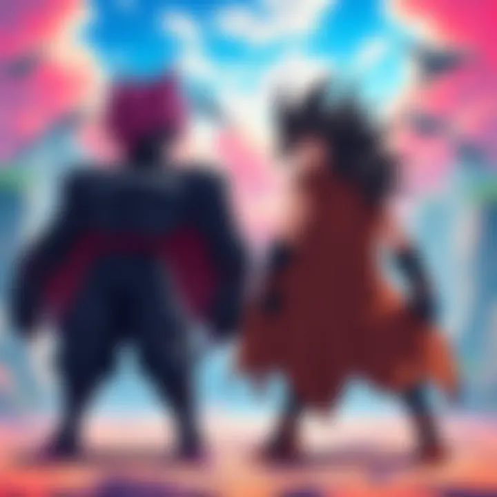 Moro and Goku Black Face Off Moro and Goku Black stand in a dramatic pose, ready for battle, showcasing their intense rivalry in a vibrant landscape.