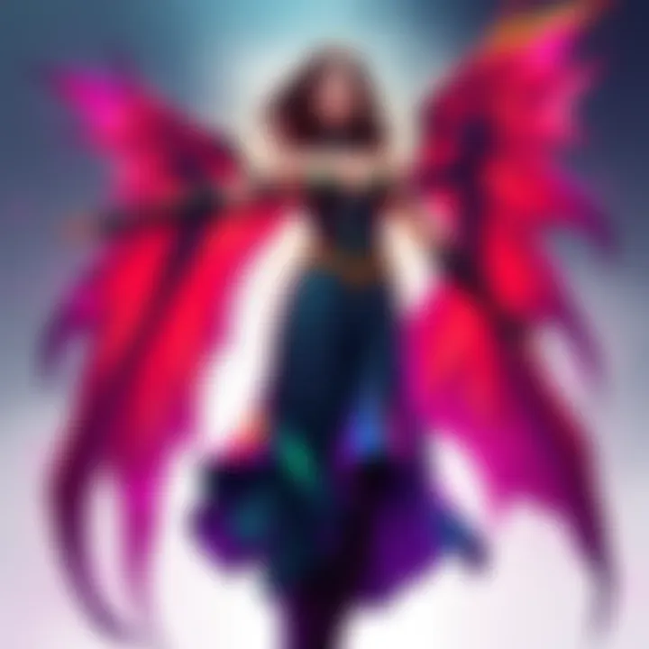 Work-in-progress illustration of the Morrigan dress, featuring vibrant colors and intricate design details.