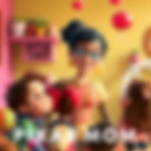 Morrigan is shown in a colorful, family-friendly setting, wearing a cheerful outfit and interacting with children, showcasing her new role as a Pixar mom.