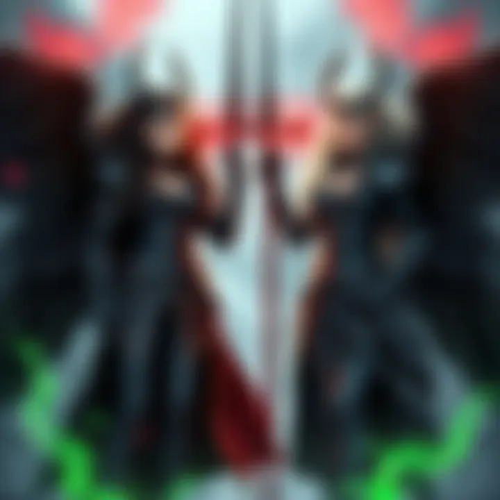 Morrigan and Brunhilde stand in a dramatic pose, showcasing their powers in a fantasy setting.