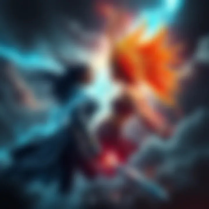 Morrigan and Indra face off in a fierce battle, surrounded by dramatic clouds and lightning.