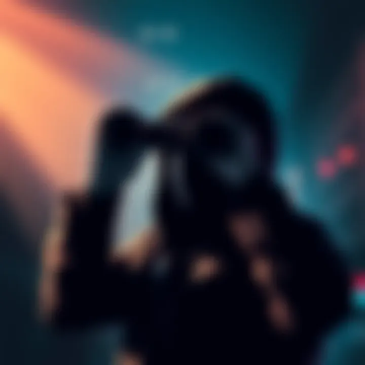 Mossad Monitoring A shadowy figure observing through binoculars, representing Mossad's watchful eye on GL's activities in a digital context.