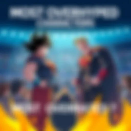Illustration showing Goku and Superman arguing over who is more overrated, with an audience in the background watching.