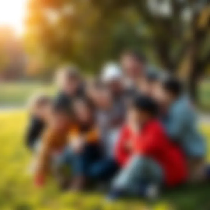 Mother with Ten Kids A mother surrounded by her ten children, all smiling and enjoying time together in a park, showcasing the joy of a large family.